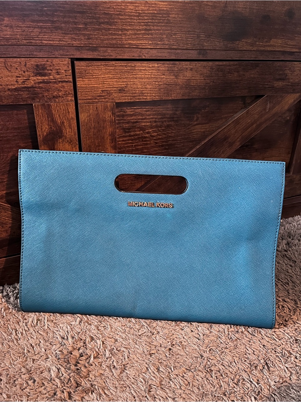 MICHAEL KORS Teal Saffiano Leather Handheld Clutch with Cutout Handle